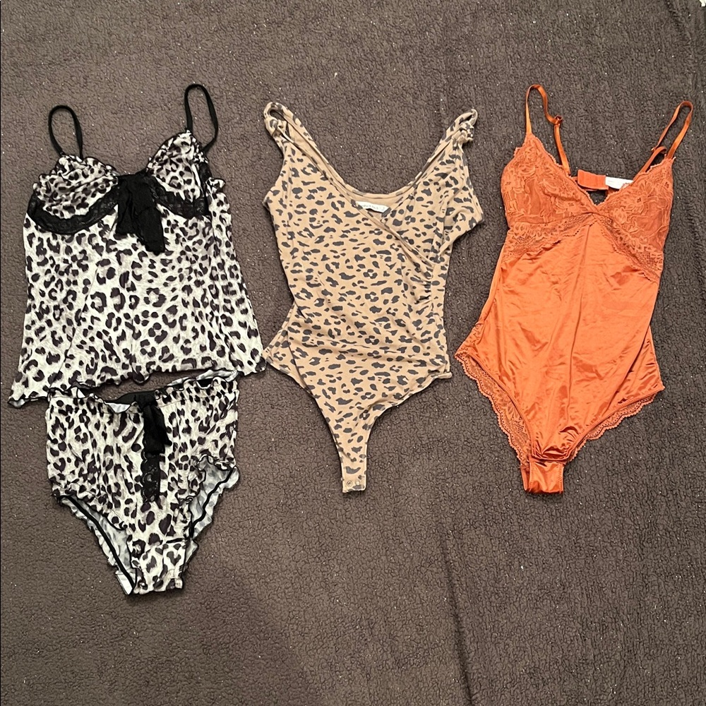 Bundle Silky Cotton Lace Leopard Print and Orange Lace Bodysuits Lingerie